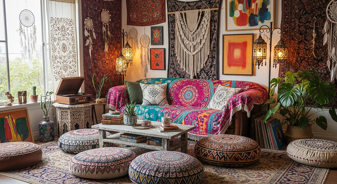 Colorful bohemian living room with patterned sofa and floor cushions