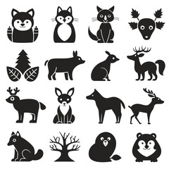 Set of stylized black and white woodland animals