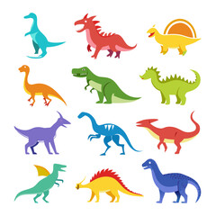 Vibrant cartoon dinosaurs in various colors isolated on white © Xihan
