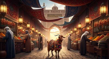 Obraz premium Eid al-Adha Market Scene with Goat and Festive Atmosphere.