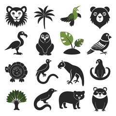 Fototapeta premium Collection of simplified animal and plant icons in rows