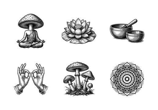 Vintage engraving collection of mystical and spiritual symbols featuring meditating mushroom figure, lotus flower, singing bowls, mudra hands, and mandala