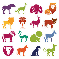 Fototapeta premium Colorful animal icon collection with various species and colors