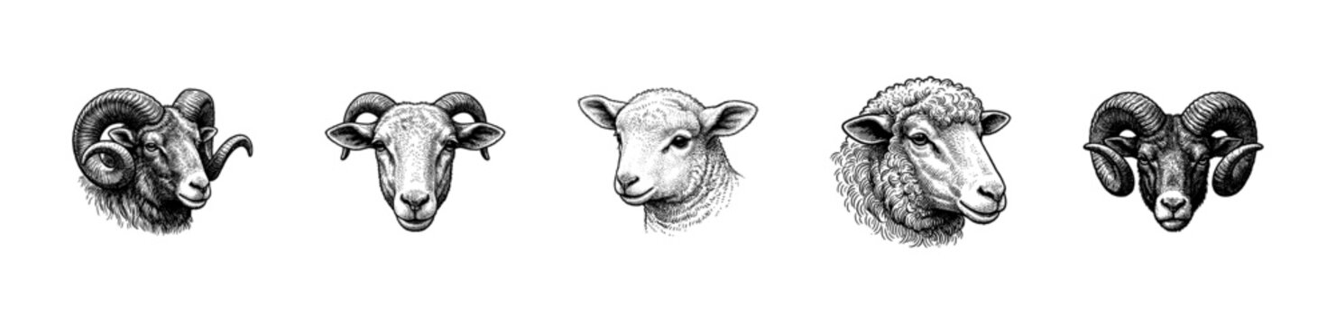 Set of sheep and ram head illustrations in a detailed vintage woodcut etching style