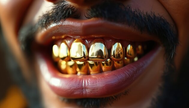 Man shows full set of gold teeth grillz with shiny metal caps covering his upper and lower teeth. Mouth opens slightly revealing dental jewelry. Person has dark mustache.