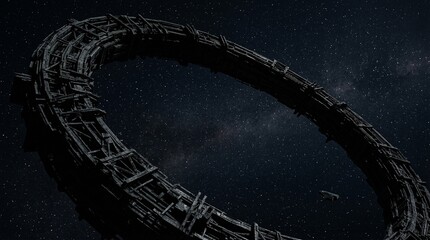 Futuristic Space Station Orbiting the Earth in Dark Sky Full of Stars