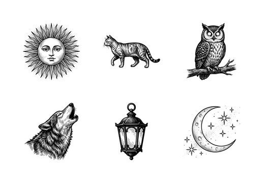 Vintage celestial and animal engraving collection featuring mystical sun, moon, howling wolf, cat, owl, and ornate lantern in black and white line art style.