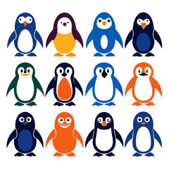 Obraz premium Twelve Colorful Penguin Illustrations Arranged on White Background