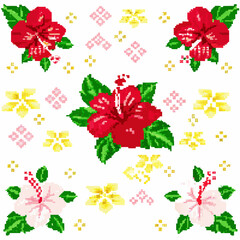 Pixelated hibiscus flowers and foliage in a repeating pattern © Songita