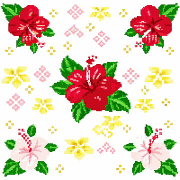 Pixelated hibiscus flowers and foliage in a repeating pattern