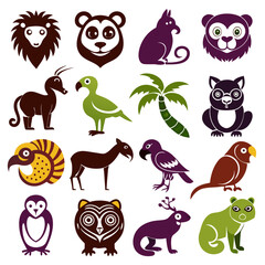 Fototapeta premium Collection of diverse stylized animal and plant vector illustrations