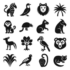 Fototapeta premium Collection of animal and plant icons in black color