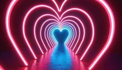 Fototapeta premium Abstract neon heart tunnel design glows with pink and blue lights. Endless corridor shapes with vibrant colors create a modern romantic atmosphere for web or print.
