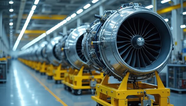 Row of jet engines in factory production line. Aircraft turbines on assembly stands undergo manufacturing process. High tech aerospace workshop with industrial equipment.