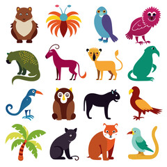 Fototapeta premium Colorful flat style animal illustrations collection on white background