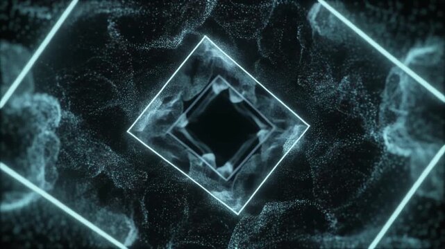 Abstract glowing geometric frames emerging within a flowing particle field, forming a futuristic digital portal effect with luminous lines and dynamic motion
