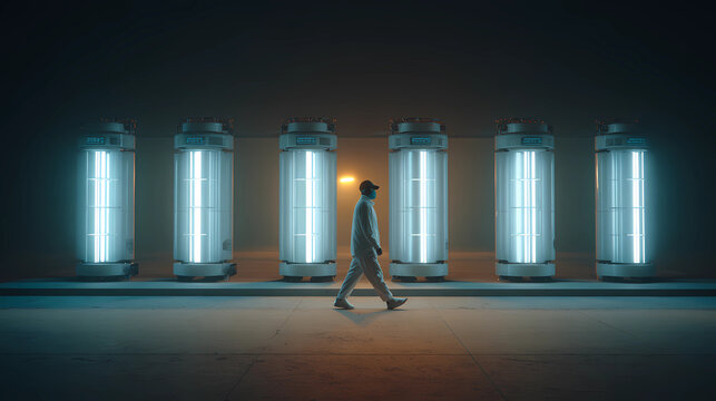 Person walking past a row of industrial hydrogen electrolyzers with cinematic lighting, Generative AI illustrations.