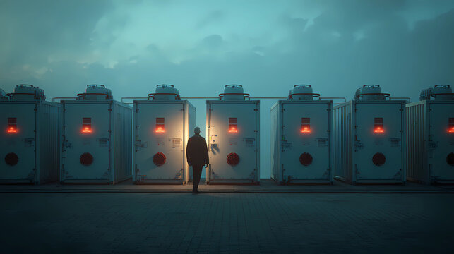 Person walking past a row of industrial hydrogen electrolyzers with cinematic lighting, Generative AI illustrations.