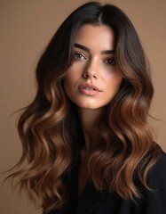 Naklejka premium Woman with long wavy dark brown hair featuring subtle caramel highlights. Elegant hair coloring adds dimension and warmth to her flowing locks, perfect for beauty ads and fashion features.