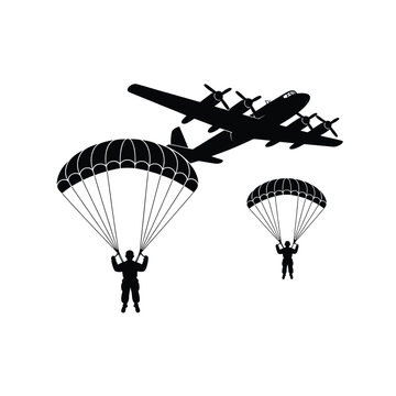 Black silhouette of a bomber plane with parachuting soldiers below