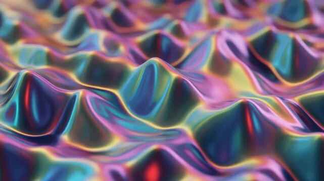 Infinite seamless loop of surreal iridescent liquid waves forming soft abstract hills