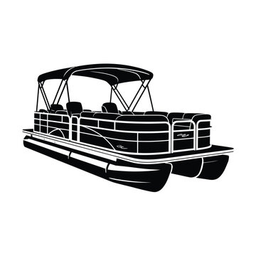 Black silhouette of a pontoon boat on a white background
