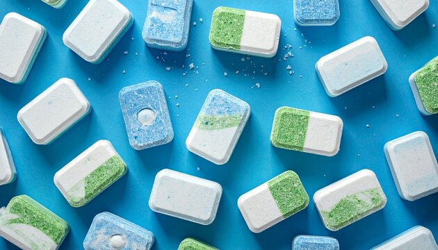 Dishwasher detergent tablets scattered on blue surface, rectangular with layered green-white and blue-white colors, symbolizing household cleaning products.