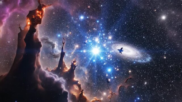Vibrant star formation in deep space cosmic nebula with colorful gas clouds and shining stars in outer universe background