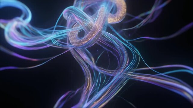 Extremely thin silk-like ion threads twisting in a glowing neon flow, forming an abstract luminous network with soft particles and fluid motion