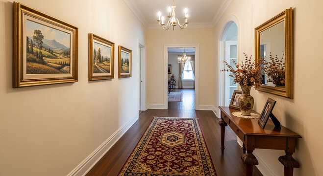 Hallway with framed landscape paintings and a wooden console table interior wooden floor