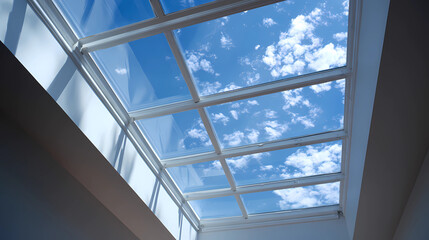 Obraz premium Modern architecture featuring smart solar skylight with reflection of sunny sky, Generative AI illustrations.