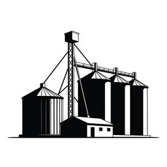 Black and white illustration of an industrial grain elevator complex © ABDULLA
