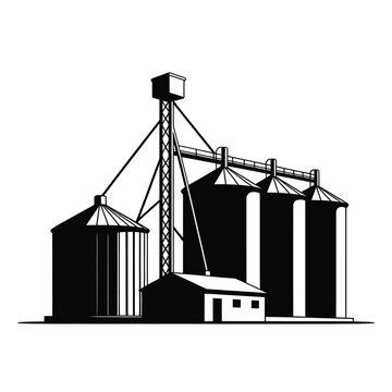 Black and white illustration of an industrial grain elevator complex