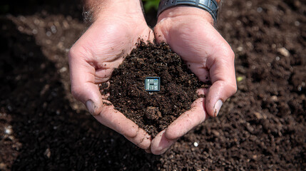 Hands holding rich fertile soil with integrated smart electronic sensor, Generative AI illustrations.