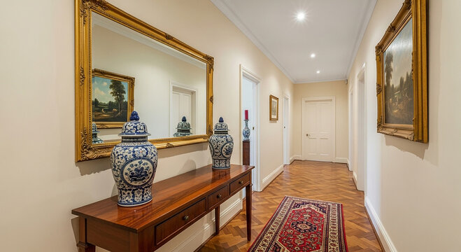 Hallway with wooden console table and blue and white vases framed paintings mirror