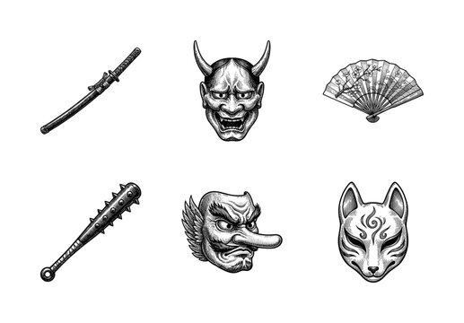 Japanese cultural and mythological icons set featuring hannya mask tengu kitsune katana kanabo and folding fan in vintage woodcut etching style