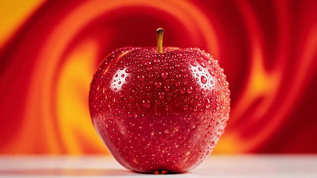 Close up of a single red apple with water droplets on its surface against a vibrant red and yellow background.
