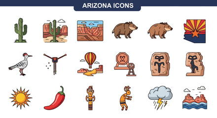 Obraz premium Arizona Icons A Collection of State Symbols, Wildlife, and Landmarks for Design Projects