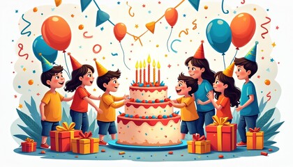 Fototapeta premium Children celebrate birthday party around large cake. Kids wear party hats, balloons float above gifts. Happy scene with bright colors, festive decorations, joyful mood.