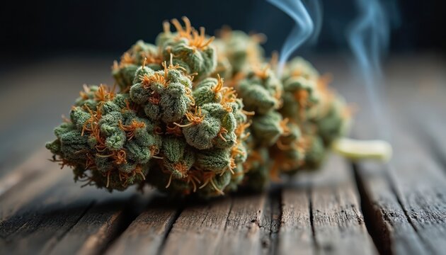 Dried cannabis bud with light smoke rising sits on weathered wood planks. Macro view shows green and orange trichomes detail. Legal plant for relaxation and therapy.