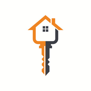 Modern house key icon with split color design for real estate and home security branding representing locksmith services and residential property management on white background here