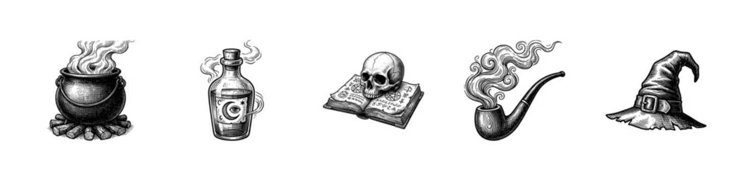 Vintage hand drawn engraving style mystical alchemy and wizardry collection featuring cauldron potion bottle skull grimoire smoking pipe and witch hat