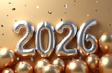 Fototapeta premium Silver balloons form year 2026 surrounded by gold spheres and gold confetti. This festive decoration signifies celebration for upcoming new year. Great for party invitations and greeting cards.