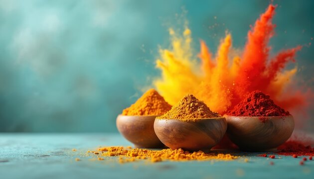 Three wooden bowls hold piles of bright yellow and red spices. Orange and yellow powder explode behind them on a teal surface. Colorful powders for cooking or festivals.