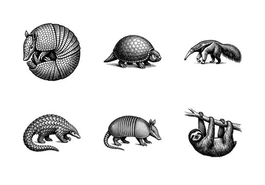 Vintage engraving style collection of xenarthran and armored animals including armadillos, giant anteater, pangolin, and sloth on a white background