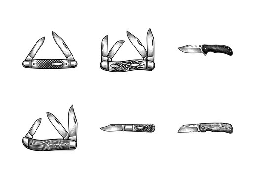 Vintage style pocket knife illustrations set featuring folding blades with wood and textured handles in a detailed woodcut engraving style