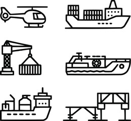 Naklejka premium Offshore Oil Logistics Outline Icons Helicopter, Supply, and Transportation