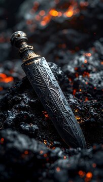 Ancient Dagger Embedded in Fiery Embers - A Symbol of Forgotten Power and Mystical Lore.