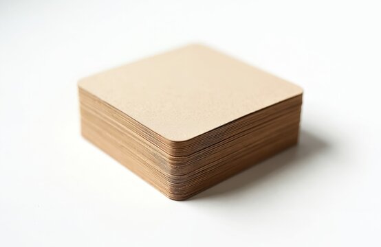 Stack of blank square cards, brown paper material, rounded corners. Ready for custom design print, invitations, or game components. Minimalist clean background.
