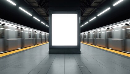 Fototapeta premium Empty glowing billboard on subway platform with fast moving trains passing by. Underground station interior with motion blur effect. Urban advertising space concept.